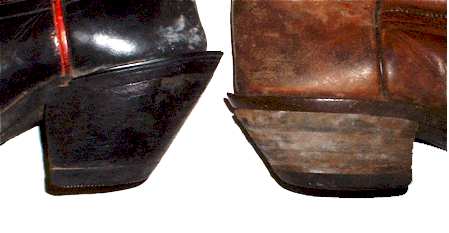 Pair of Western boots with tall buckaroo heels, showing the distinct high-rise heel profile used for riding and standing work.