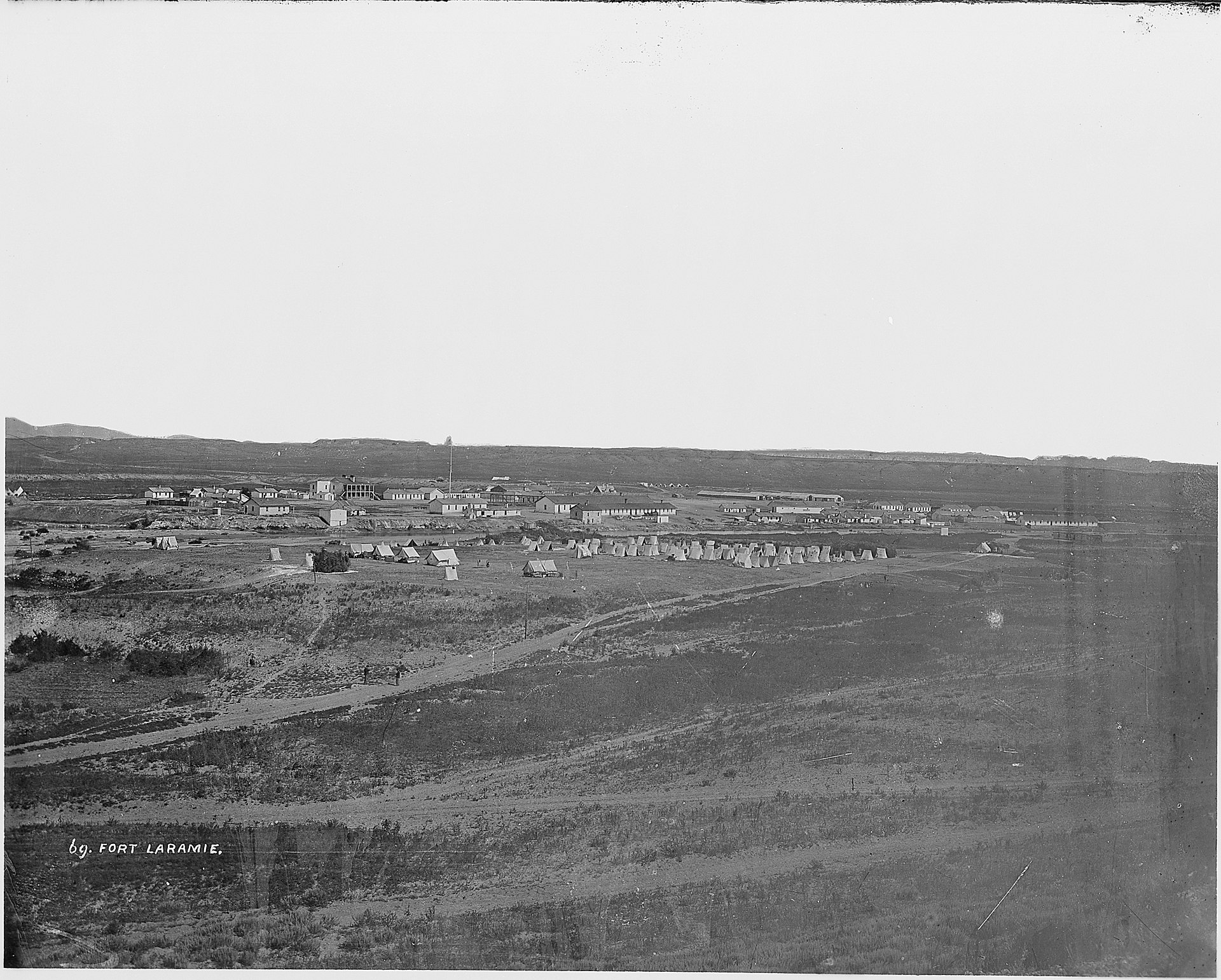 Fort Laramie as it appeared in 1868, showing the post buildings spread across the high plains of eastern Wyoming, originally established as a fur trading post in 1834.