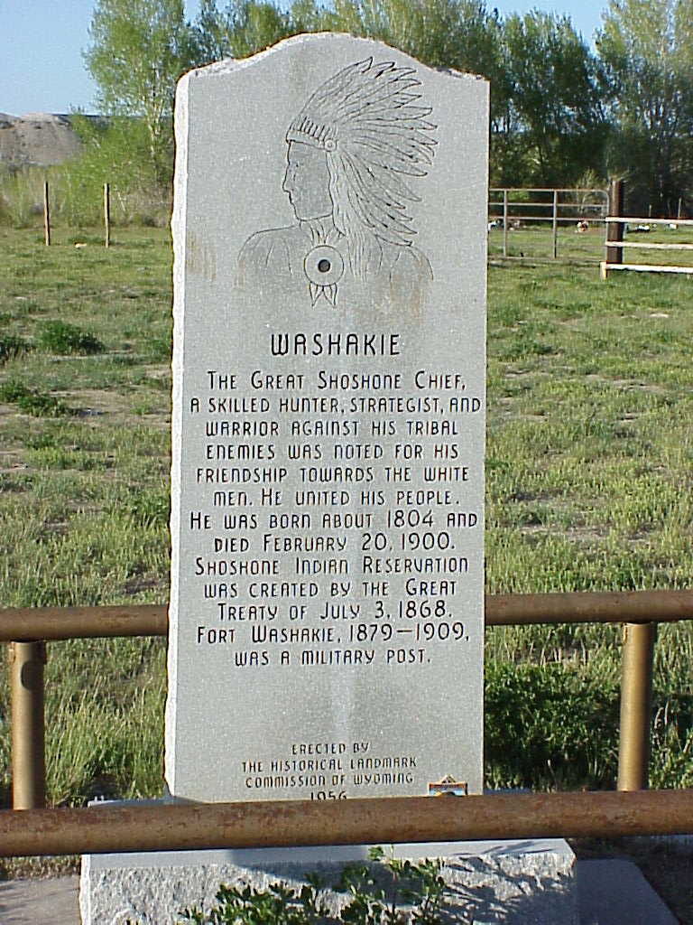 Military headstone of Chief Washakie at Fort Washakie cemetery, Wyoming, with his name and dates inscribed in the standard U.S. Army format.
