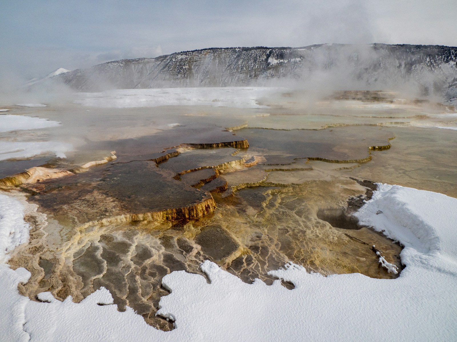 Steaming hot spring pool in a snowy mountain landscape.