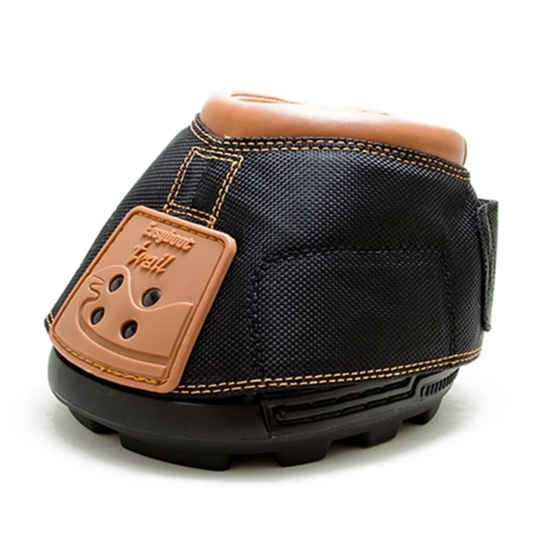 EasyBoot Trail horse boot in black, showing the TPU shell, Velcro gaiter closure, and tread sole designed for rocky trail terrain