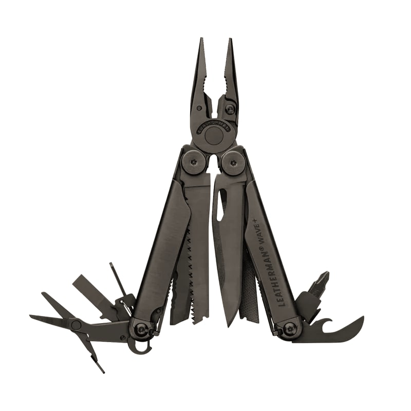 Leatherman Wave Plus stainless multi-tool, 18 tools, shown in fanned open position