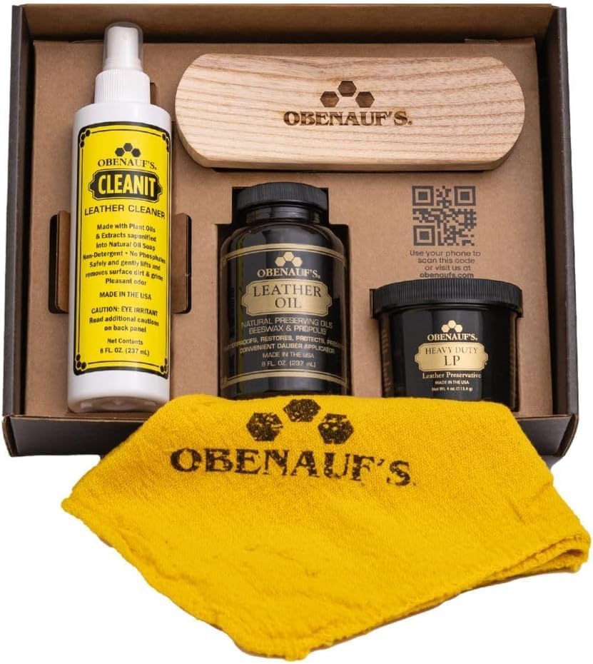 Obenauf's leather care products in use — conditioning and waterproofing leather boots and tack