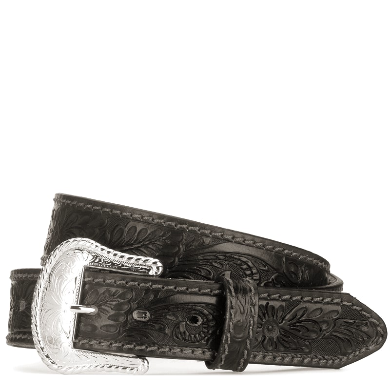 Tony Lama 1.5-inch floral tooled belt in brown with brass-finished buckle, made in El Paso since 1911