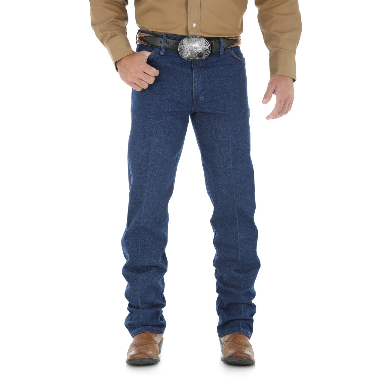 Wrangler 13MWZ Cowboy Cut jean in prewashed indigo on a model, showing the high waist, straight leg, and boot-cut opening stacked over cowboy boots