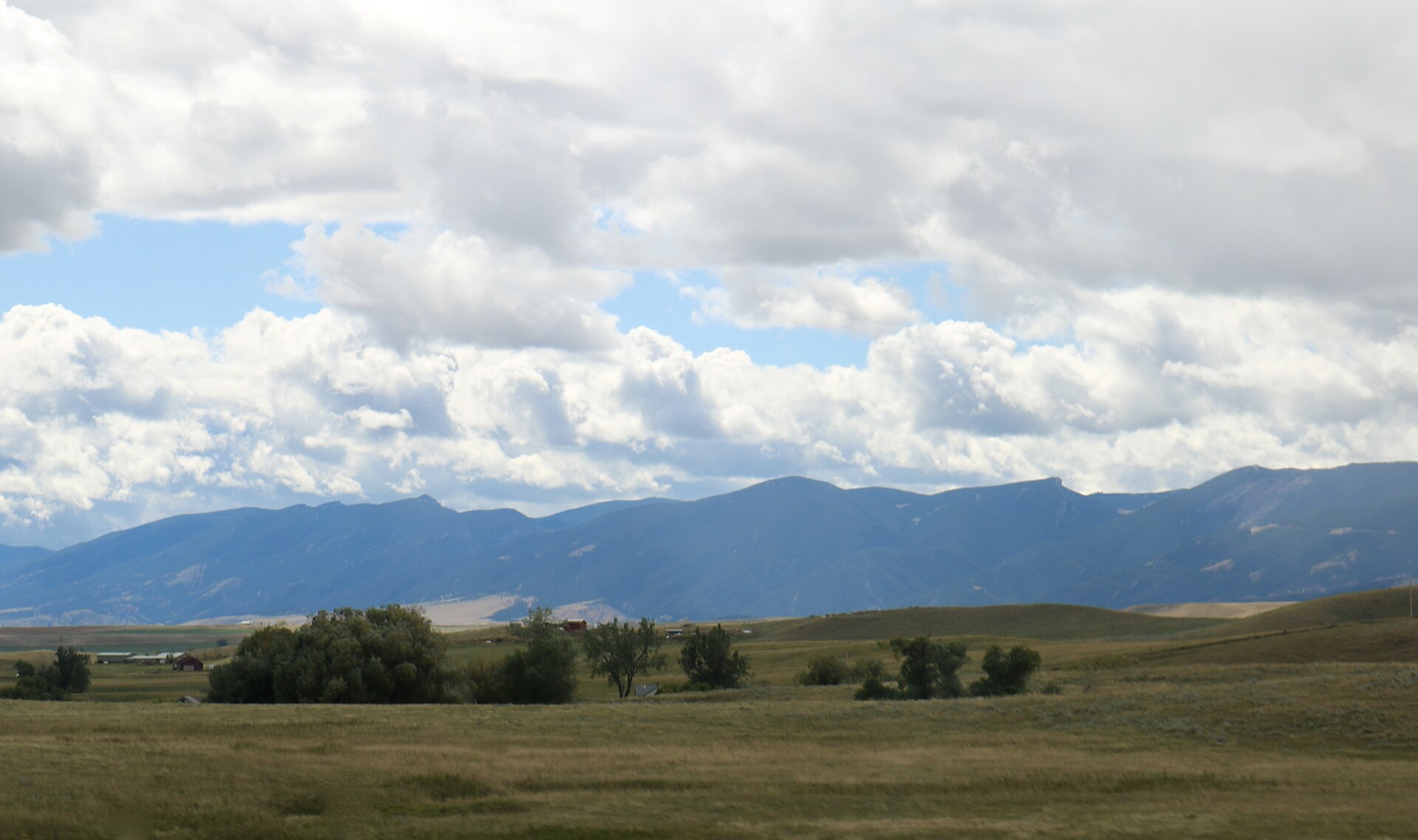 Panoramic view of the Bighorn Mountains from the eastern foothills near Sheridan, Wyoming, with forested slopes rising to open alpine ridges under a wide blue sky.